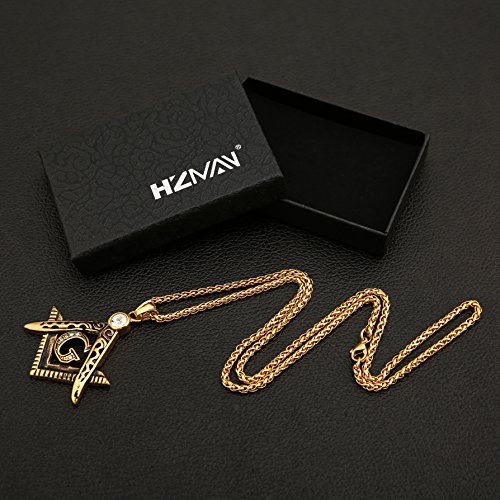Hzman Mens Cubic Zirconia Freemason Symbol Masonic Stainless Steel Pendant Necklace 22+2 Inch Chain (Gold) #TOP6