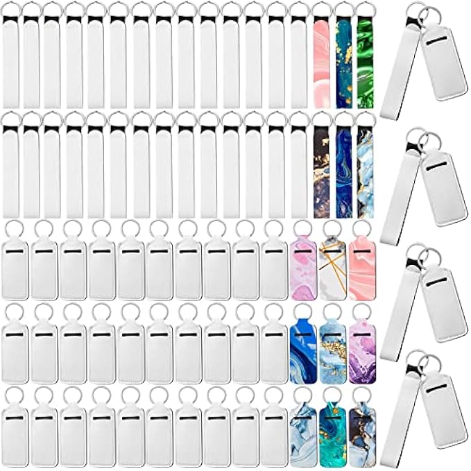 80pcs Sublimation Blank Wristband Keychains with Lipstick Holder Keychains, DIY Blank Heat Transfer Keychains, Double Sided Neoprene Lanyard Wristbands with Lipstick Keychains for DIY Craft Making, As