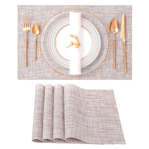 4 Pcs Placemats Set, 30x45 cm Heat Resistant Non-Slip PVC Vinyl Table Mats for Kitchen Dining Table, Durable Woven Washable Waterproof Table Mats for Birthdays Party Decor (Beige)