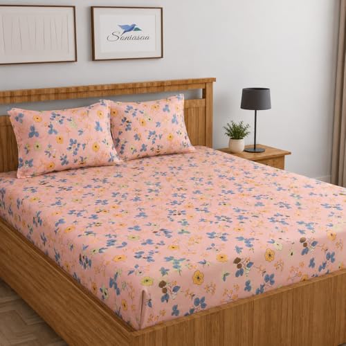 Image of 245 TC Glace-Cotton All Around Elastic Fitted Bedsheet, Elastic Fitted Bedsheet King Size Bedsheet for Double Bed with 2 Pillow Covers, Size - 72 x 78 x 8 Inch Color Baby Pink