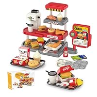 Pretend Play Fast Food Store TOY with Realistic Coffee Machine Card Reader Food Shop Playset with Simulate Hamburger Chips Sandwich etc Play Money Checkout Game for Kids