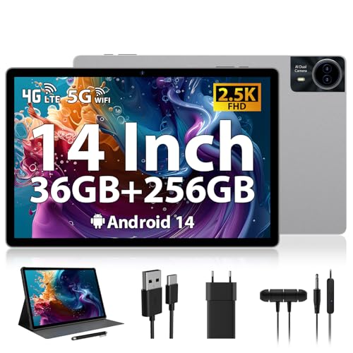 RUSHAR Tablet 14 Zoll,Android 14 mit 36GB RAM+256GB ROM (1TB TF),4G LTE/SIM+5G WiFi,11580mAh|2240 * 1400 HD|Octa-Core 2.0GHz|13MP+8MP|Face ID|BT 5.0,Tablet mit Stift und Gehäuse,Silber