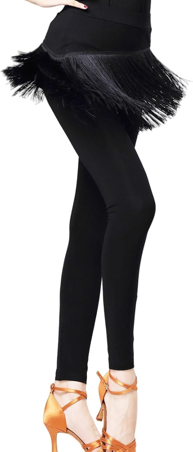 Damskie Spodnie Do Tańca Latynoskiego Ze Spódnicami Z Frędzlami Spodnie Balowe Tassel Tango Salsa Spodnie Do ćwiczeń Tanecznych, Black, XXL