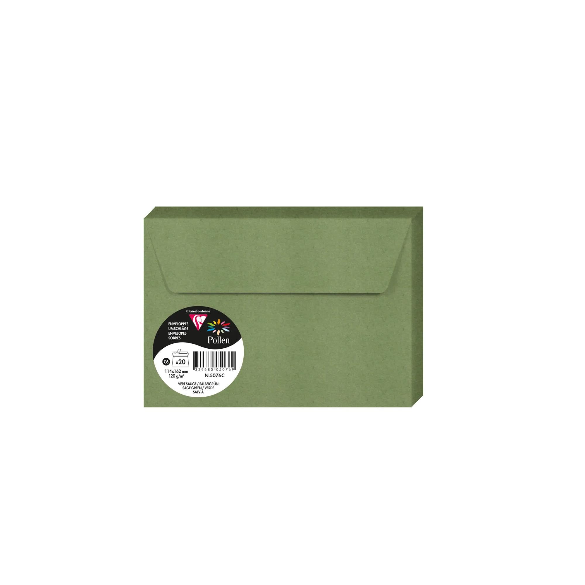 Clairefontaine 5076C A Pack of 20 Self-Adhesive Envelopes C6 11,4x16,2cm 120gsm Colour Sage Green Invitation Events & Correspondence Pollen Premium Paper