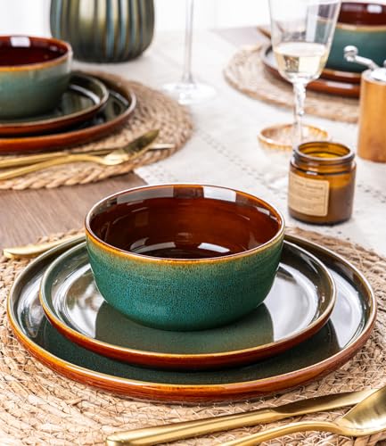 Image of GBHOME Dinnerware Sets for 4, 12 Pieces Stoneware Plates and Bowls Sets, Scratch Resistant Dishes, Dishwasher & Microwave Safe, Rustic Reactive Glaze-Brown Green