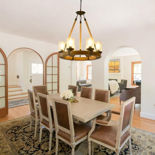 Rustic-Wagon-Wheel-Chandelier-with-Seeded-Glass-Shade-6-Light-Round-Dining-Room-Chandelier-Wood-Farmhouse-Light-Fixture-for-Living-Room-Kitchen-Island-Foyer-Entryway Rustic Wagon Wheel Chandelier with Seeded Glass Shade 6 Light Round Dining Room Chandelier Wood Farmhouse Light Fixture for Living Room Kitchen Island Foyer Entryway