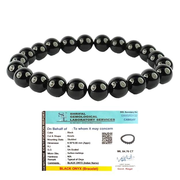 BKJ Reiki Healing Product Lab-Certified Natural Black Onyx Crystal Bracelet For Root Chakra, Grounding, Protection From Black Magic Evil Eye, Negative Energy & Manifestation (8 MM Streachable)