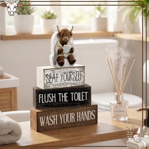 Image of Moucuny 4 Pcs Highland Cow Bathroom Decor Set Funny Rustic Wooden Tiered Tray Signs with Highland Cow Toilet Figurine, Farmhouse Bathroom Shelf Decor, Etiquette Reminders for Restroom Toilet Vanity