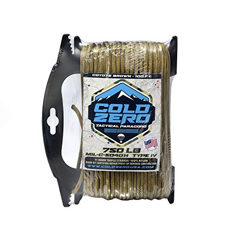 Cold Zero 750LB Paracord Parachute Cord - Authentic Mil-Spec Type IV - Made in USA - Certified Military Grade (Mil-C-5040H TIV)