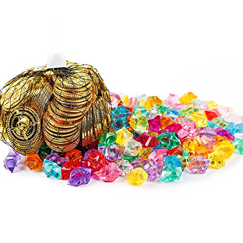 Oiuros 300 Pieces Pirate Gold Coins and Pirate Gems Jewelry Pack Party Favor Halloween Decoration. (150 Coins+150 Gems)