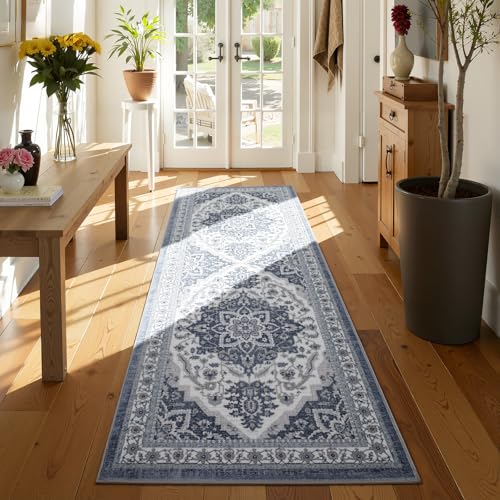 UKISS Washable Runner Rug ，2x6 Non-Slip Soft Boho Vintage Hallway Runner Rugs， Low Pile Faux Wool Long Carpet Runner Rug for Entryway Bedroom, Kitchen, Laundry, Bathroom.
