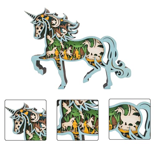 Image of 3D Wooden Unicorn Decor - Multi-Layer Carved Enchanted Forest & Castle Animal Figurine, Fantasy Room Decor & Nursery Wall Art, Unique Mythical Creature Gifts for Girls, Kids and Women
