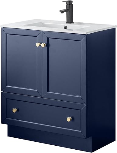 LUCKWIND Tocador de baño de 30 pulgadas con fregadero, diseño de línea de zócalo de madera maciza pintada, gabinete de almacenamiento de baño,
