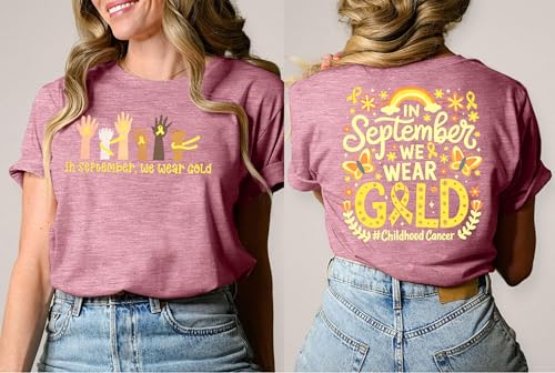 Childhood Cancer Awareness Shirt Women in September We Wear Gold Tshirt Gold Ribbon Pediatric Cancer Short Sleeve Tops2