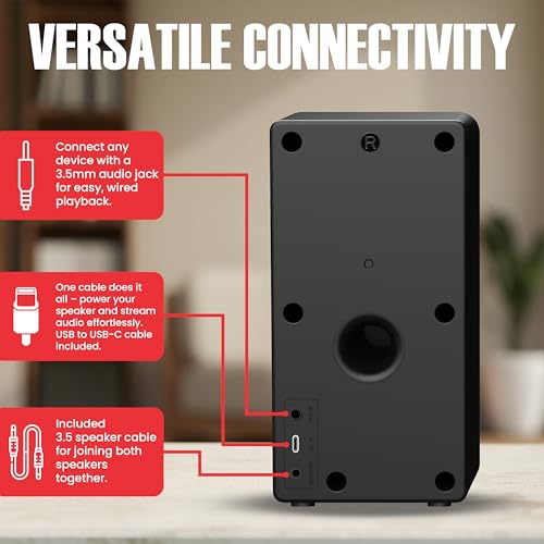Image of Audiosource Desktop PC Speakers with Bluetooth 5.3, USB-C Plug & Play, 2.0 Stereo Computer Speakers with Dual 2 inch Drivers, Compact Design, AUX Input, LED Indicator (Black)