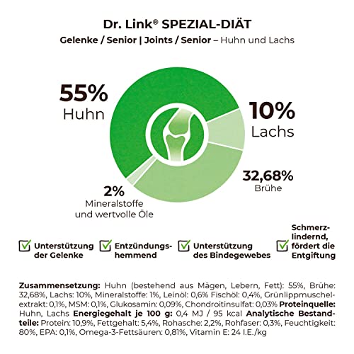 Dr. Link Spezial-Diät Hundefutter für Gelenke, Proteinquelle Huhn & Lachs, für ausgewachsene Hunde & Senioren - leicht verdaulich, unterstützt Gelenkstoffwechsel, fördert Wohlbefinden - 6 x 400g Dose