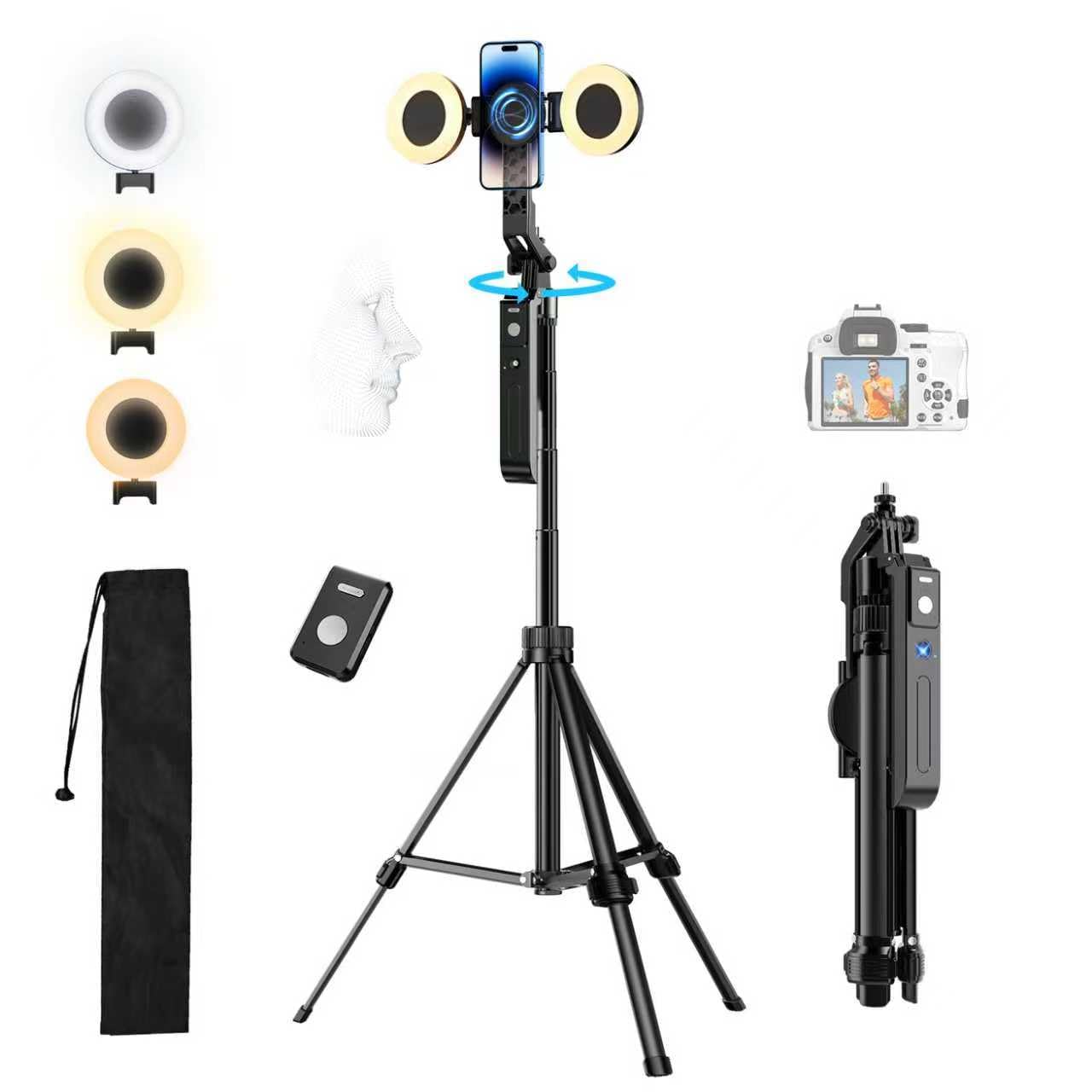 yAyusi Treppiede per Tracciamento Automatico del Viso con Luce, 360° Rotazione 180CM Selfie Stick Treppiede con Telecomando, Supporto per Fotocamera Telefono con Sensore di Movimento per Vlog/Video