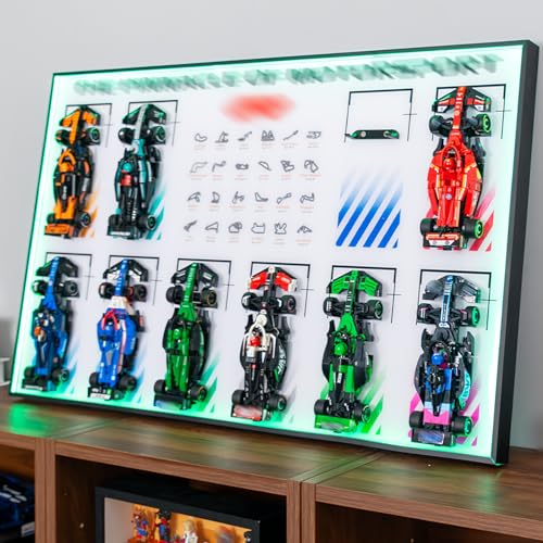 Image of Display Wallboard with RGB LED Lights Compatible with Lego Speed Champions F1 10-in-1 Collector's Pack, 20 Color&22 Lighting Modes, Wall Mount Compatible with Lego 66802 Collectible F1 Model Car Kit