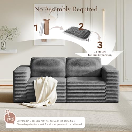 Image of Vesgantti 80 inch Modular Sectional Sofa, Corduroy Cloud Couch with Deep Seating & Spring Support, 2 Seater Compact Modular Couch, Boneless Sectional Sofa for Small Spaces, No Assembly Required, Grey
