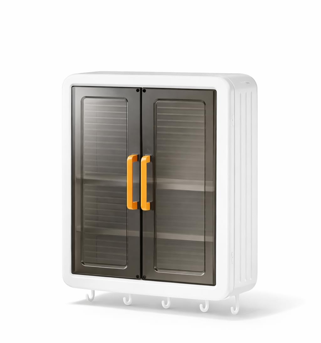 Wall Mounted Kitchen Storage Cabinet with Transparent Sliding Doors, Multi-Layer Wall Cupboard with Hanging Hooks for Spices, Pantry and Utensils, Bathroom Storage Unit (Multicolor)-image-25