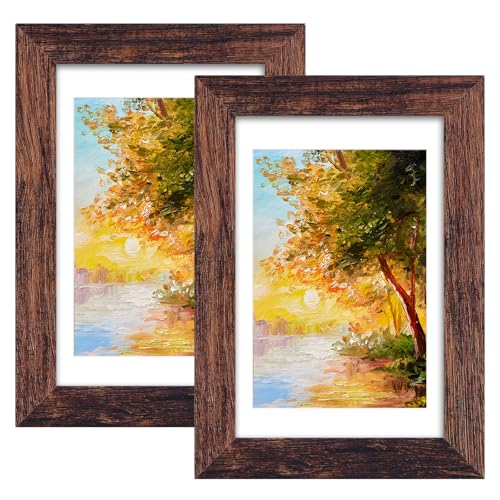 Fixwal 4x6 Picture Frame Display Pictures 3.5x5 with Mat or 4x6 Without Mat Brown Photo Frames for Wall Mounting or Tabletop Decor 2 Pack