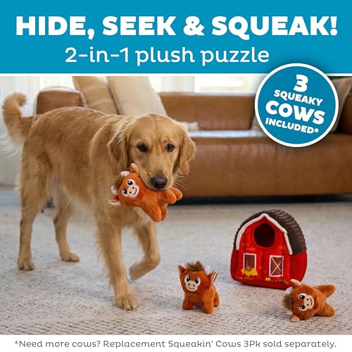 Image of Outward Hound Hide-A-Cow Dog Toy, 2-in-1 Interactive Hide & Seek Plush Puzzle with Barn & 3 Squeaky Highland Cows