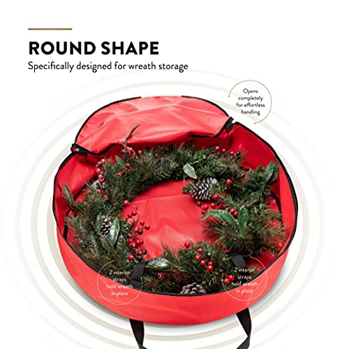 Image of Zober Christmas Wreath Storage Container - 48 Inch Wreath Bag For Artificial Wreaths - Dual Zippered Wreath Storage W /Strong, Durable Handles - Red