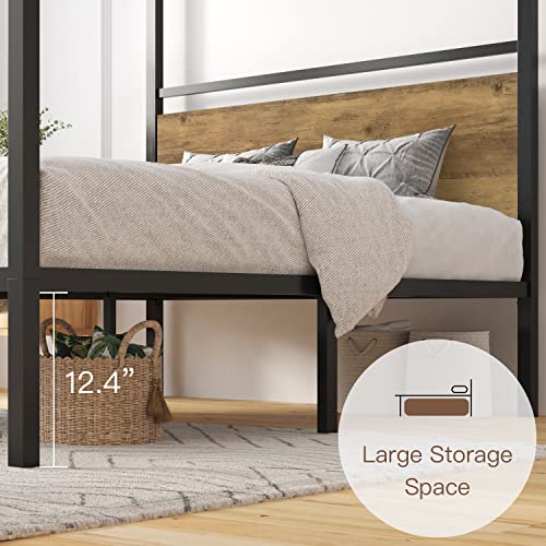 Ikalido Queen Size Metal Canopy Bed Frame With Wooden Headboard, Classic Design Canopy Bed With 4 Sturdy Posters, Noise Free/ No Box Spring Needed/ Industrial Brown #TOP4