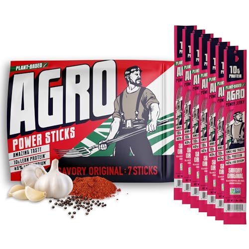 AGRO POWER Vegan Jerky Sticks, 10g Protein per Stick, Savory Original Plant-Based, 7 Stick Bag, Non-GMO, 40% Less Sodium, Zero Cholesterol, Meat Alternative, High Protein Snack for Lunch, On-the Go Fuel