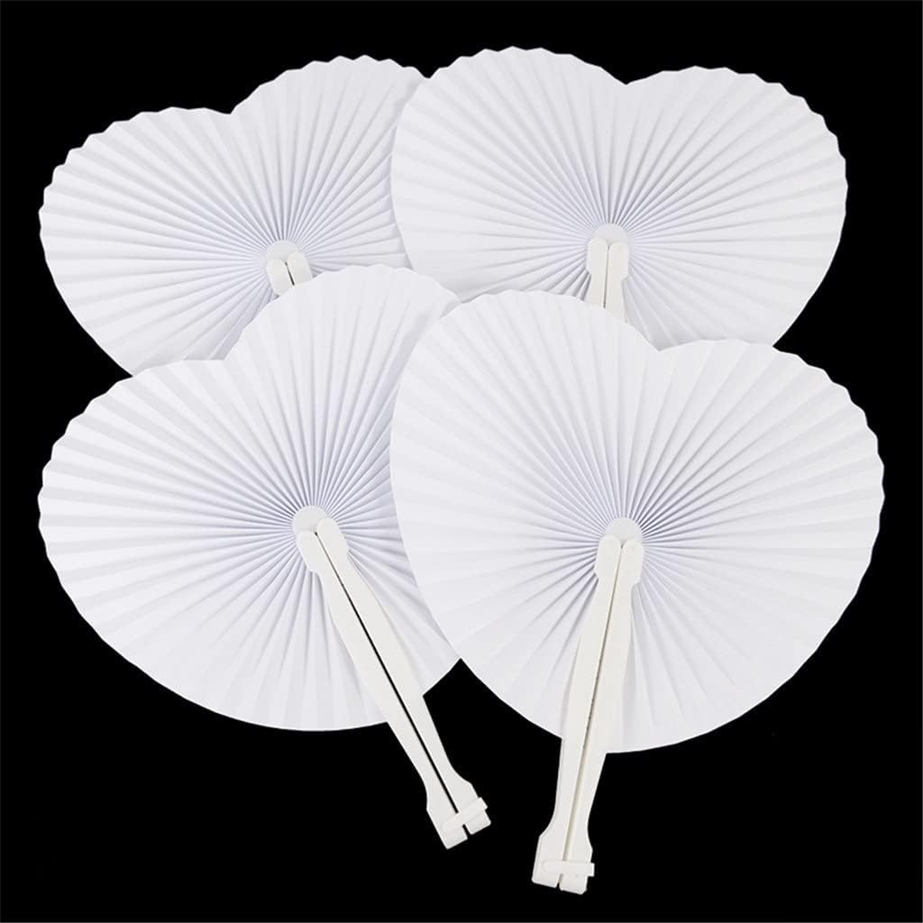 6pcs White Folding Paper Fan Wedding Favor DIY Blank Heart-shaped With Plastic Handle Party Decor