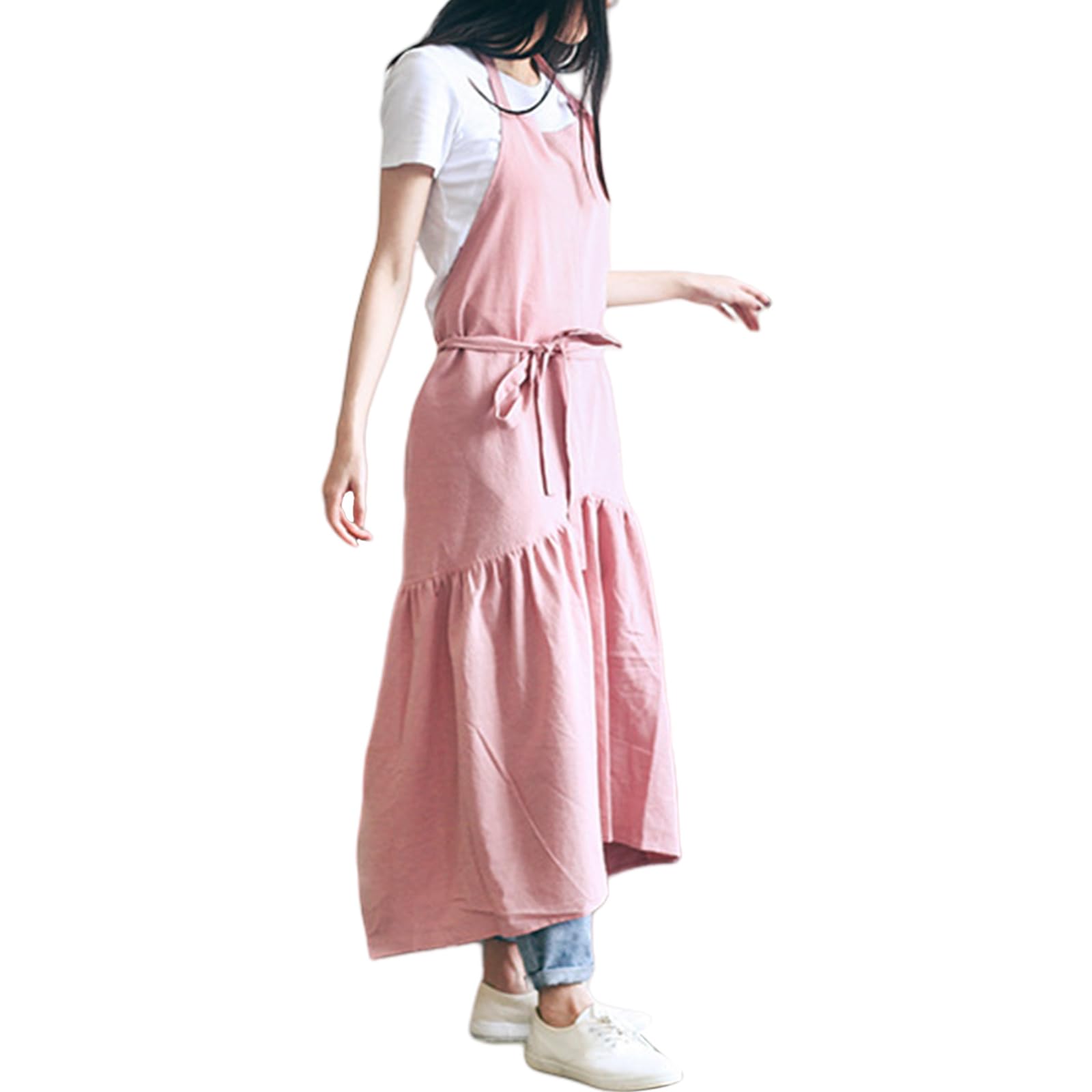 Tsophreniq Linen Apron Cooking Plain Work Pinafore Dress Waitress Servant for Kitchen Bakery Restaurant Cotton Linen