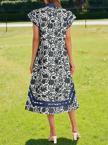 Image of Wenrine Womens Summer Floral Maxi Dress Casual Short Cap Sleeve V Neck Color Block Side Slit Loose Boho Beach Dresses