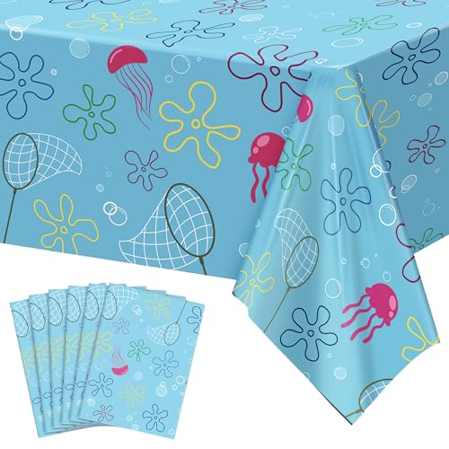 Kochorie 6 Pieces Sponge Birthday Party Decoration Tablecloth Cartoon Ocean Flower Plastic Table Cover Disposable Table Cloth for Baby Shower Birthday Party Supplies 54 x 108 Inch