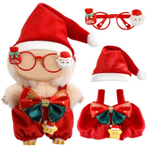 Christmas Clothes for LABUBU Doll (NO Doll) 3-Piece Christmas Overalls Outfits for LABUBU 17cm Dolls Premium Clothing for LABUBU Unique Dress Up - Christmas Hat + Overalls + Glasses
