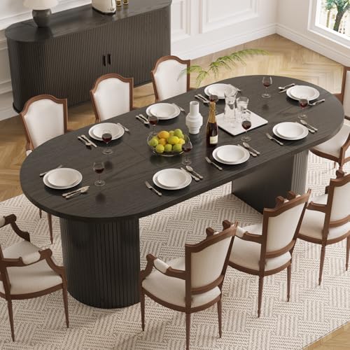 ONBRILL 70.8 Inch Dining Table for 4-8, Oval Dining Room Table with Curved Fluted Wood Strip Base, Mid-Century Modern Kitchen Tables with Footpads, Dinner Tables for Living Room, Dining Room, Black