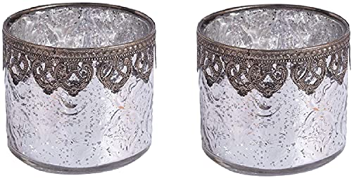 Jinfa Lot de 2 Bougeoirs Porte Bougies Chauffe Plat Decoration Verre Photophore | Modèle cylindrique | Argent Précieux | Ø 10cm, h 9cm