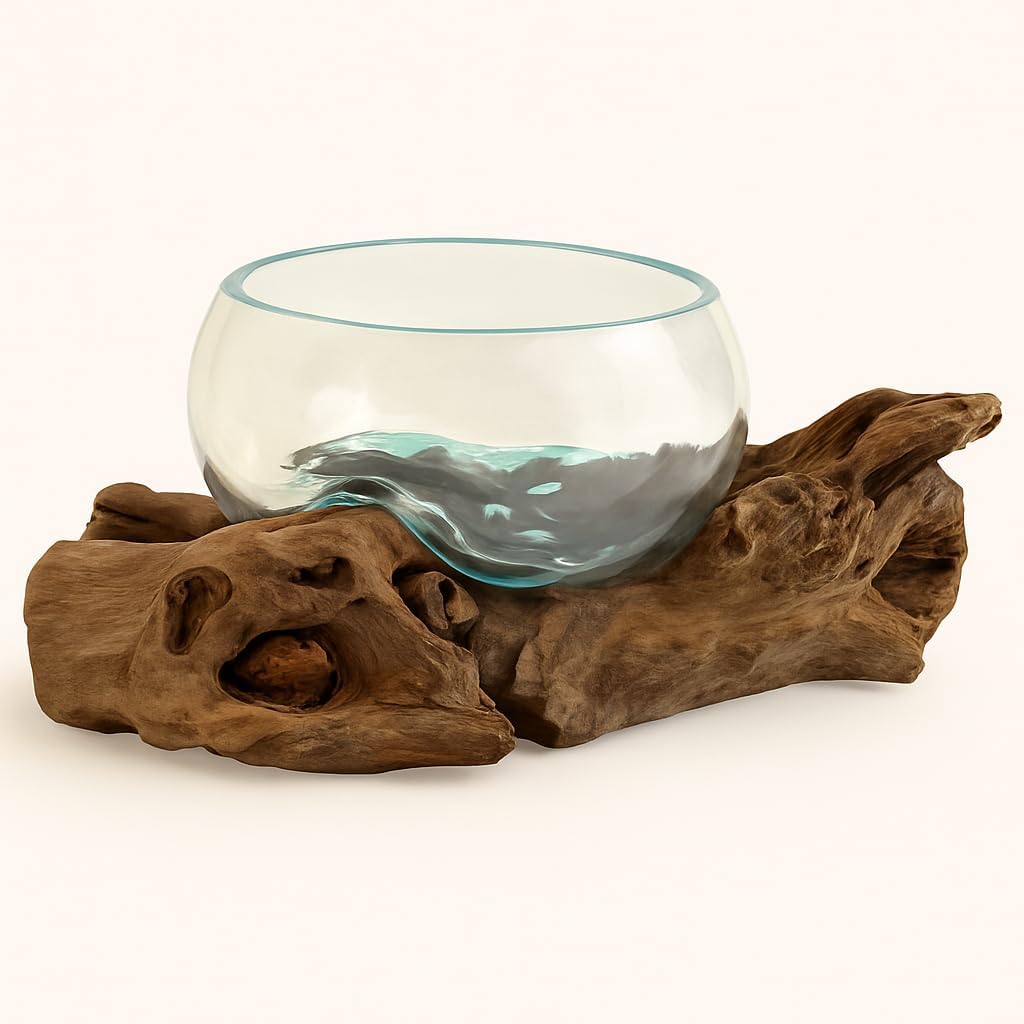 OMA Hand Blown Molten Glass Bowl on Driftwood – Unique Vase, Planter, Terrarium or Candle Holder – Eco-Friendly Recycled Glass & Natural Wood Centerpiece and Artisan Gift - Large Size