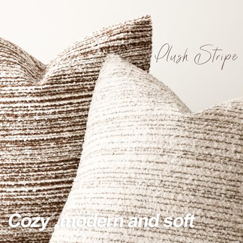 Image of Foindtower Set of 2 Faux Fur Textured Modern Throw Decorative Pillow Covers Square Accent Striped Cushion Sherpa Boho Farmhouse Pillowcase for Couch Sofa Living Room Home Decor 20x20 Inch,Ivory
