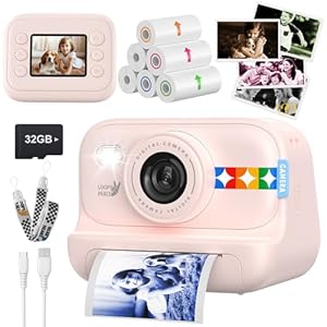 Kids Color Instant Print Camera – Kids Camera with 5 Color Photo Paper, 48MP & 1080P Video, 21 Fun Frames, 32G Card, Christmas/Birthday Gifts for Girls and Boys Ages 3 4 5 6 7 8 9 10 11 12 – Pink