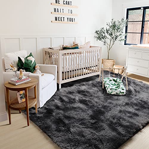 Rugtuder Shag Area Rug, 4X6, Soft Rug For Living Room, Tie-Dyed Grey Fluffy Rugs For Bedroom, Furry Rug For Boy Girl Room Decor, Shaggy Throw Rug For Nursery, Modern Carpet For Teen Dorm, Abstract Rug #TOP5