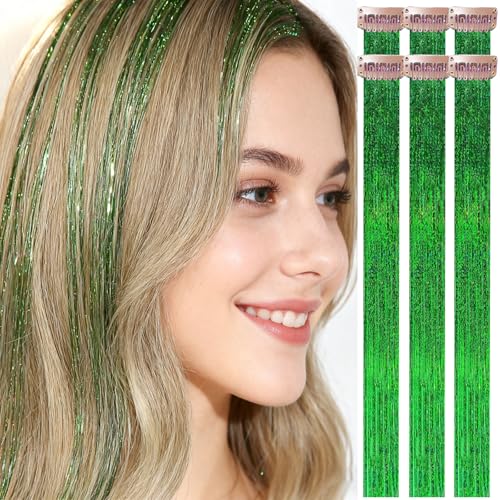 Green Hair Tinsel Extensions, 6-Pack Clip-In Sparkle Strands