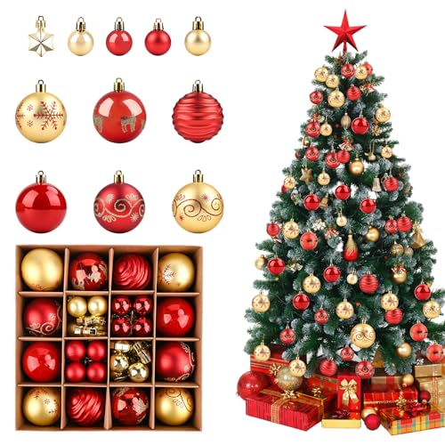 Conjunto de 44 bolas de Natal vermelhas e douradas, bolas de Natal de 6 cm/3 cm, decoração de bola de Natal imastilável plástico, enfeites de árvore de Natal para enfeites de Natal (vermelho dourado)