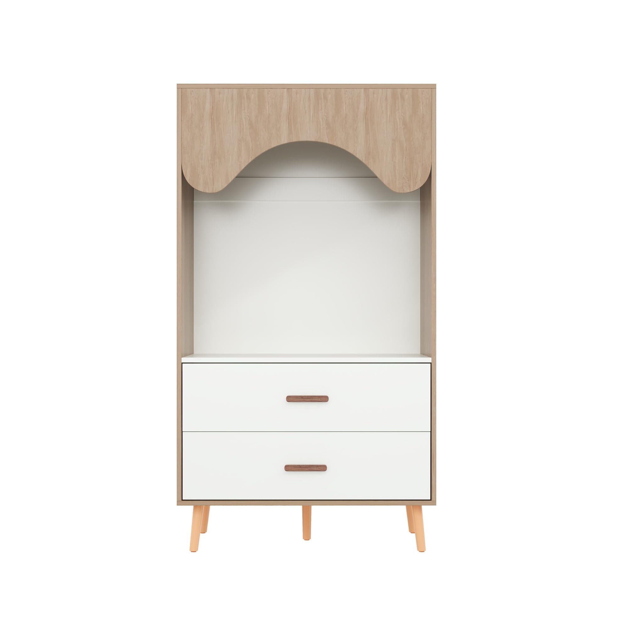 Armario infantil, juego con armario de dos puertas y abierto, para dormitorio, con barra para colgar y cajones, en color blanco y madera, 160 x 46 x 141,5 cm, Natural+Blanco