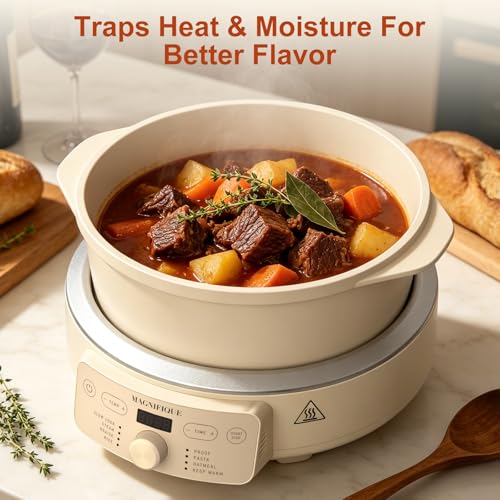Image of MAGNIFIQUE Slow Cooker, 4.5 Quart 8-in-1 Clay Pot Multi-Cooker, Non-Toxic Slow Cooker with Removable Clay Pot, for Rice, Pasta, Steam & Proof, Nonstick, Oven Safe Pot to 500F, Oatmeal