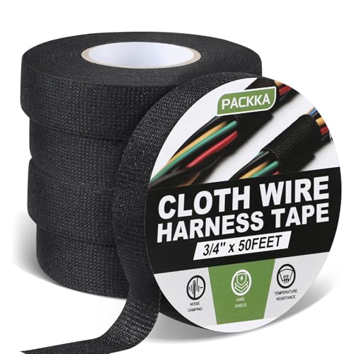 PACKKA Wire Harness Tape 3/4” x 50’ (5 Rolls) Self-Adhesive Fabric Tape Black Electrical Tape for Automotive Engines, Noise Dampening and Cable Protection