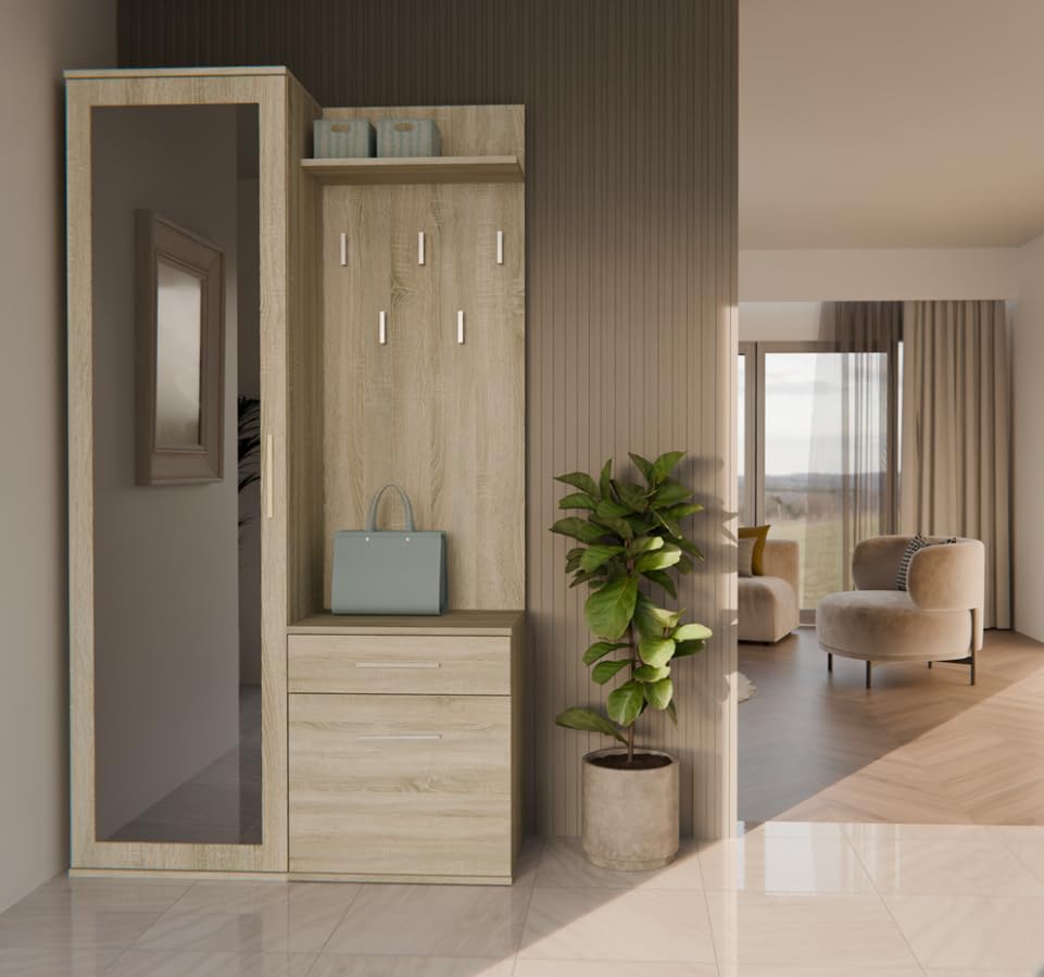 BDW Set di 5 appendiabiti con specchio, armadio con anta e cassetto, stile moderno, 180 x 100 x 35 cm (rovere Sonoma)