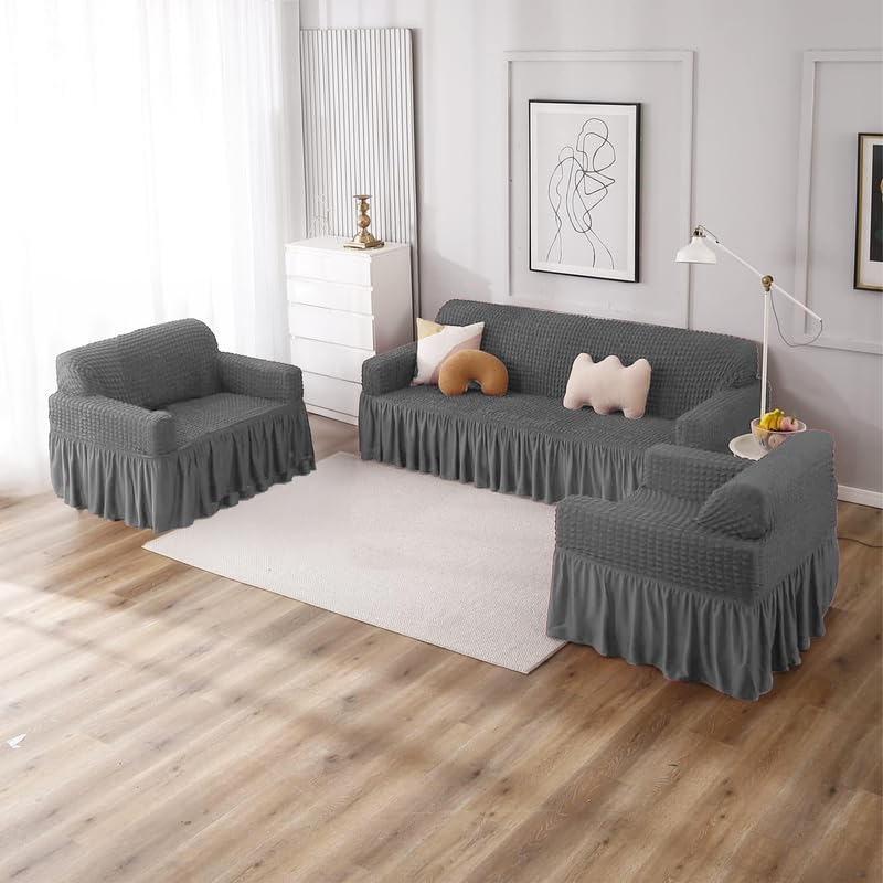 Image of Turkish Bubble Sofa Cover 3 Seater and 2 Seater Fully Covered 5 Seater Sofa Cover Non-Slip Sticky Elastic Stretchable Sofa Set Imported Slipcover Protector (3+1+1 Seater) (Dark Grey)