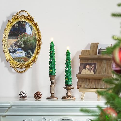 yunsheng クリスマスツリーキャンドル リモコンタイマー付き グリーンリアルワックス フレームレス テーパーキャンドル クリスマスモチーフ付き 9.5インチ 電池式 LEDウィンドウキャンドル ホームホリデー装飾用 [5]