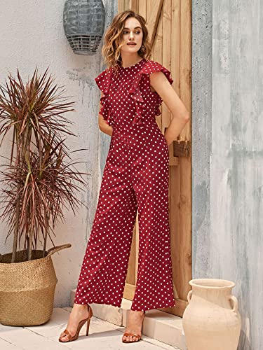 Wdirara Women's Polka Dots Ruffle Cap Sleeve Round Neck Wide Leg Romper Jumpsuit Burgundy L #TOP4