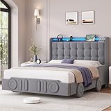 Keyluv Full Car Bed Frame with LED Lights and Charging Station, Upholstered Platform Bed with Button Tufted Headboard and Wheels, No Box Spring Needed, Noise-Free, Easy Assembly, Velvet Grey